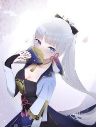 Rule 34 | 1girl, armor, ayaka (genshin impact), blue eyes, blunt bangs, blush, breasts, cleavage, dress, eevyart, fingerless gloves, flower, genshin impact, gloves, hair ornament, hair ribbon, hand fan, highres, holding, holding fan, japanese armor, looking at viewer, medium breasts, mole, mole under eye, ponytail, ribbon, smile, solo, white hair