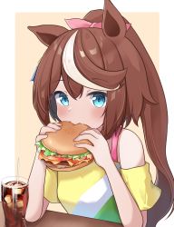 Rule 34 | absurdres, animal ears, blue eyes, blush, border, brown hair, burger, cola, commentary request, commission, eating, elbows on table, food, gokurin, highres, horse girl, lettuce, long hair, looking at viewer, multicolored hair, pink shirt, ponytail, sesame seeds, shirt, single bare shoulder, skeb commission, solo, streaked hair, striped clothes, striped shirt, table, tokai teio (umamusume), umamusume, undershirt, upper body, very long hair, white border, white hair, yellow background, yellow shirt