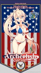 1girl american_flag archerfish_(warship_girls_r) bikini blonde_hair blue_eyes blue_pupils buxiuhongxingshe_jintiantuopinlema english_text fang flag_background high_ponytail long_hair looking_at_viewer open_mouth panties ponytail profanity side_ponytail smile solo star-shaped_pupils star_(symbol) striped_clothes striped_panties swimsuit symbol-shaped_pupils underwear warship_girls_r weibo_logo weibo_watermark