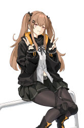 Rule 34 | 1girl, :3, black footwear, black gloves, black jacket, black pantyhose, black ribbon, black skirt, boots, brown hair, closed mouth, commentary, double v, fingerless gloves, foot out of frame, girls&#039; frontline, gloves, hair between eyes, hair ornament, hair ribbon, hairclip, half-closed eyes, highres, jacket, knee pads, long hair, looking at viewer, midriff peek, mutugorou u, neck ribbon, on railing, pantyhose, pleated skirt, railing, red eyes, ribbon, scar, scar across eye, scar on face, shirt, simple background, sitting, skirt, smile, solo, twintails, ump9 (girls&#039; frontline), v, white background, white shirt