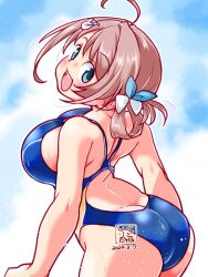 Rule 34 | 1girl, ahoge, artist logo, ass, blue one-piece swimsuit, blue sky, breasts, brown hair, butt crack, chougei (kancolle), cloud, commentary request, competition swimsuit, dated, from behind, grey eyes, hair ornament, hair ribbon, hair rings, hairclip, kantai collection, kutone shirika, large breasts, long hair, one-piece swimsuit, ribbon, sky, smile, solo, swimsuit