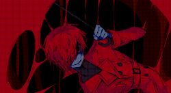 1boy black_background coat commentary english_text hair_over_one_eye highres holding holding_umbrella homicipher looking_at_viewer male_focus mr._scarletella nangua66348 red_coat red_eyes red_hair red_theme red_umbrella short_hair solo umbrella upper_body