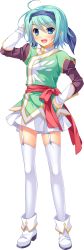 Rule 34 | 1girl, absurdres, artist request, blue eyes, blush, boots, bunshuu, bunshuu (koihime musou), detached sleeves, full body, green hair, hairband, hand on own hip, highres, juliet sleeves, koihime musou, long sleeves, looking at viewer, open mouth, pleated skirt, puffy sleeves, short hair, skirt, smile, solo, thighhighs, transparent background, white footwear, white thighhighs, zettai ryouiki