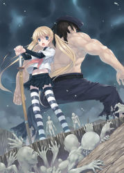 Rule 34 | 1boy, 1girl, back-to-back, black hair, blonde hair, blue eyes, cloud, cloudy sky, dutch angle, fantasy, from behind, full body, hagure keg, imminent fight, layered sleeves, legs apart, long hair, long sleeves, lowres, midriff, miniskirt, muscular, muscular male, original, people, petite, school uniform, serafuku, shinai, short hair, short over long sleeves, short sleeves, skirt, sky, standing, striped clothes, striped legwear, striped thighhighs, sword, tareme, thighhighs, topless male, twintails, v-shaped eyebrows, very long hair, weapon, wind, zettai ryouiki