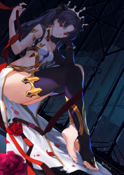 Rule 34 | 1girl, absurdres, arm up, armlet, bare shoulders, barefoot, black hair, black thighhighs, bow, breasts, bridal legwear, brooch, budinger, choker, cleavage, detached sleeves, dutch angle, fate/grand order, fate (series), feet, flower, hair bow, hair ornament, highres, ishtar (fate), jewelry, looking at viewer, medium breasts, parted bangs, petals, red eyes, red ribbon, ribbon, rose, rose petals, single detached sleeve, single thighhigh, sitting, solo, thighhighs, toeless legwear, toes, tohsaka rin, two side up