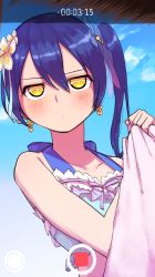 Rule 34 | 1girl, alternate hairstyle, annoyed, bikini, blue hair, commentary request, earrings, flower, goe (g-o-e), hair between eyes, hair flower, hair ornament, highres, jewelry, jitome, long hair, love live!, love live! school idol festival, love live! school idol project, recording, side ponytail, smile, solo, sonoda umi, swimsuit, upper body, viewfinder, yellow eyes