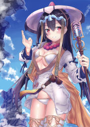 Rule 34 | 1girl, absurdres, bead necklace, beads, belt, bikini, blue sky, blush, breasts, brown hair, cleavage, day, earrings, fate/grand order, fate (series), gourd, hair between eyes, headpiece, highres, hip focus, hoop earrings, ichimegasa, japanese clothes, jewelry, kimono, large breasts, long hair, looking at viewer, muragaki (sgxx4878), necklace, prayer beads, red eyes, short kimono, sky, smile, solo, staff, swimsuit, thighs, vest, white bikini, white kimono, white legwear, xuangzang sanzang (fate), yellow vest