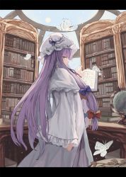 Rule 34 | 1girl, bad id, bad pixiv id, blunt bangs, book, bookshelf, bow, bug, butterfly, crescent, dress, eyebrows hidden by hair, hair bow, hair ribbon, hat, highres, indoors, insect, letterboxed, library, long hair, long sleeves, looking at viewer, ookashippo, patchouli knowledge, profile, purple eyes, purple hair, ribbon, sideways glance, solo, touhou, very long hair