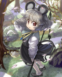 Rule 34 | 1girl, animal ears, basket, capelet, cherry blossoms, dowsing rod, female focus, flower, forest, gem, grass, grey hair, highres, jewelry, looking at viewer, mouse (animal), mouse ears, mouse tail, nature, nazrin, necklace, open mouth, pendant, petals, red eyes, rock, shirt, short hair, skirt, skirt set, solo, standing, syope, tail, touhou, tree