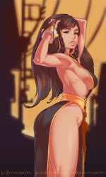 Rule 34 | 1girl, absurdres, ass, bare shoulders, belt, bracelet, breasts, brown eyes, brown hair, capcom, china dress, chinese clothes, chun-li, cleavage, curvy, dress, highres, hip focus, jewelry, large breasts, long hair, looking at viewer, self-upload, sideboob, simple background, smile, solo, spiked bracelet, spikes, stomach, street fighter, thighs, upsi1on