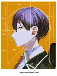 Rule 34 | 1boy, argyle clothes, argyle necktie, azuma kurumi, black jacket, blazer, border, character name, closed mouth, collared shirt, dotted line, expressionless, from side, geometry, golden spiral, green eyes, highres, jacket, kenmochi touya, kenmochi touya (1st costume), looking at viewer, looking to the side, male focus, measurements, necktie, nijisanji, open clothes, open jacket, orange background, portrait, profile, purple hair, red necktie, shirt, short hair, simple background, solo, white border, white shirt