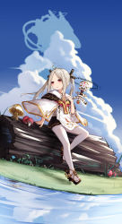Rule 34 | 1girl, :o, arm at side, black skirt, blue sky, capelet, cloud, cross, drone, flower, grass, grey hair, hair ornament, hand on own chest, highres, jewelry, knee up, koebushi (mat), latin cross, leg lift, log, looking to the side, miniskirt, mushroom, necklace, original, outdoors, pantyhose, parted lips, plant, pleated skirt, red eyes, sandals, short eyebrows, sitting, skirt, sky, solo, twintails, water, white pantyhose