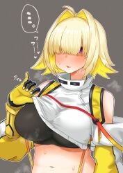 Rule 34 | ..., 1girl, absurdres, ahoge, bare shoulders, blonde hair, blush, breasts, commentary request, elegg (nikke), gloves, goddess of victory: nikke, grey background, hair intakes, hair over eyes, heart, highres, large breasts, lifted by self, long bangs, long sleeves, looking at viewer, medium hair, multicolored hair, navel, parted lips, partially unzipped, purple eyes, simple background, solo, speech bubble, spoken ellipsis, suspenders, sweat, tamio (tamitamitamio07), two-tone hair, upper body, yellow gloves, zipper, zipper pull tab