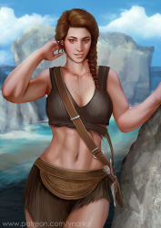 Rule 34 | 1girl, assassin&#039;s creed, assassin&#039;s creed: odyssey, assassin&#039;s creed (series), braid, breasts, brown eyes, brown hair, kassandra (assassin&#039;s creed), long hair, looking at viewer, medium breasts, navel, ocean, parted lips, patreon, sky, smile, solo, standing, sword, water, watermark, weapon, ynorka
