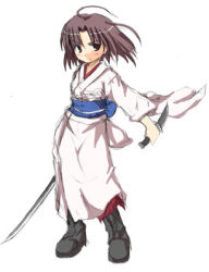 Rule 34 | 1girl, chibi, japanese clothes, kara no kyoukai, katana, kimono, knife, lowres, reverse grip, ryougi shiki, solo, sword, weapon