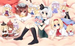 Rule 34 | &gt; &lt;, 6+girls, :p, alice margatroid, animal ears, black legwear, blonde hair, blue hair, blush, bow, brown hair, capelet, cat ears, cat tail, chen, chibi, dress, earrings, everyone, closed eyes, fang, fox tail, hair bow, hairband, hands in opposite sleeves, hat, head rest, heart, heart-shaped pupils, highres, instrument, jewelry, keyboard (instrument), konpaku youmu, letty whiterock, lily white, long sleeves, looking at viewer, lunasa prismriver, lying, lyrica prismriver, merlin prismriver, mitoki 6x6, multiple girls, multiple tails, on stomach, open mouth, perfect cherry blossom, pink hair, red eyes, ribbon, saigyouji yuyuko, shanghai doll, short hair, silver hair, sitting, skirt, smile, socks, symbol-shaped pupils, tail, tongue, tongue out, touhou, trumpet, violin, yakumo ran, yakumo yukari