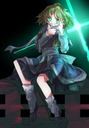 Rule 34 | 1girl, alt text, arm warmers, black footwear, blonde hair, bridge, commentary, full body, glowing, glowing eyes, grin, highres, looking at viewer, mizuhashi parsee, multicolored clothes, scarf, short hair, sitting, smile, socks, solo, touhou, vivo (vivo sun 0222), white scarf, white socks