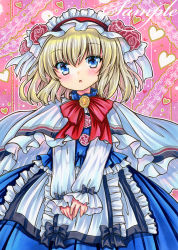 Rule 34 | 1girl, :o, alice margatroid, apron, blonde hair, blue eyes, blue shirt, blue skirt, bow, bowtie, capelet, cowboy shot, flower, frilled apron, frilled hairband, frilled shirt, frills, hair between eyes, hairband, head tilt, heart, long sleeves, looking at viewer, marker (medium), medium hair, open mouth, orange brooch, pink background, puffy long sleeves, puffy sleeves, red bow, red bowtie, red flower, red hairband, red rose, rose, rui (sugar3), sample watermark, shirt, skirt, solo, touhou, traditional media, v arms, watermark, white apron, white capelet