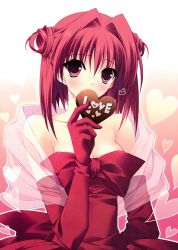 Rule 34 | 1girl, absurdres, breasts, chocolate, cleavage, dress, elbow gloves, english text, gloves, heart, highres, r g b, red eyes, red hair, suzuhira hiro