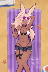Rule 34 | 1girl, absurdres, animal ear fluff, animal ears, arm behind head, arm up, bare arms, bare shoulders, beach, bikini, bikini under clothes, black bikini, blanket, blue shorts, breasts, carrot, cleavage, closed mouth, commentary, dark-skinned female, dark skin, day, english commentary, eyewear on head, feet out of frame, freydraws, half-closed eyes, hand up, highres, knees together feet apart, light brown hair, long hair, looking at viewer, lying, medium breasts, navel, on back, open clothes, open fly, open shorts, original, outdoors, ponytail, purple eyes, rabbit ears, red-tinted eyewear, sand, short shorts, shorts, smile, solo, swimsuit, tinted eyewear, very long hair, white bikini