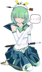 Rule 34 | ..., 1girl, arrow (projectile), arrow in body, arrow in head, arrow through heart, blue sailor collar, blue skirt, blush, bow, bowtie, copyright request, covered eyes, elbow gloves, facing viewer, gloves, green bow, green bowtie, green hair, hair over eyes, hat, heart, highres, kneeling, medium hair, miitoban, object through head, own hands together, parted lips, pleated skirt, sailor collar, school uniform, serafuku, shirt, simple background, skirt, smile, solo, spoken ellipsis, spoken heart, white background, white gloves, white hat, white shirt