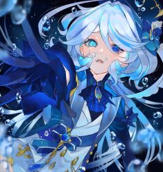 Rule 34 | 1girl, air bubble, ascot, black gloves, blue ascot, blue bow, blue brooch, blue eyes, blue hair, blue jacket, bow, bubble, crying, crying with eyes open, furina (genshin impact), furrowed brow, genshin impact, gloves, hat, heterochromia, highres, jacket, long hair, lower teeth only, multicolored hair, open mouth, reaching, reaching towards viewer, sidelocks, solo, streaked hair, teardrop, tears, teeth, top hat, two-tone hair, underwater, water, xxchicoxxf