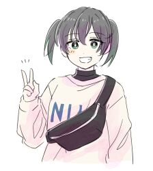 1girl bag black_bag black_hair black_shirt blush clenched_teeth fanny_pack gradient_hair green_eyes green_hair grin hand_up long_sleeves love_live! love_live!_nijigasaki_high_school_idol_club medium_hair multicolored_hair shirt simple_background sketch smile solllolll solo takasaki_yu teeth turtleneck twintails upper_body v white_background white_shirt