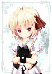 Rule 34 | 1girl, blonde hair, cat, cocozasa, collarbone, crossed arms, gradient background, hair ribbon, puffy short sleeves, puffy sleeves, red eyes, ribbon, rumia, shirt, short sleeves, skirt, skirt set, smile, solo, touhou, vest