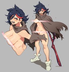 Rule 34 | 1girl, absurdres, blue eyes, blue hair, brown cloak, censored, cloak, dark blue hair, eyelashes, grey background, hair between eyes, half-closed eyes, highres, kill la kill, lens flare, long eyelashes, looking at viewer, matoi ryuuko, medium hair, multicolored hair, multiple views, naked cloak, navel, open mouth, planted, planted sword, planted weapon, porqueloin, red hair, scissor blade (kill la kill), shoes, simple background, smile, sneakers, standing, streaked hair, sword, teeth, torn, torn cloak, torn clothes, weapon, white footwear