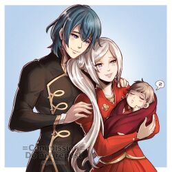 Rule 34 | 1boy, 1girl, baby, blue hair, blush, byleth (fire emblem), byleth (male) (fire emblem), closed eyes, commission, couple, dress, edelgard von hresvelg, family, fire emblem, fire emblem: three houses, gzei, highres, if they mated, nintendo, ponytail, red dress, smile, white hair