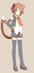Rule 34 | 1girl, animal ears, bare shoulders, bell, blue gloves, blue thighhighs, blush, bob cut, body blush, boots, bow, brown hair, cat ears, cat tail, cropped vest, elbow gloves, fingerless gloves, flat chest, full body, gayarou, gloves, green eyes, grey background, hair bow, hands on own hips, head tilt, highres, jingle bell, kacchi (moko moko box), looking at viewer, moko moko box, necktie, official art, open clothes, open vest, platform footwear, ribbon, shirt, short hair, short shorts, shorts, simple background, single glove, sleeveless, sleeveless shirt, smile, solo, standing, tail, tail ornament, tail ribbon, thigh boots, thighhighs, vest, white shirt, wing collar, zettai ryouiki