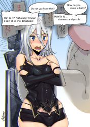 Rule 34 | 1girl, alternate language, ashiomi masato, bare shoulders, blue eyes, blush, breasts, comic, covered navel, crossed arms, embarrassed, english text, engrish text, hair between eyes, long hair, nier (series), nier:automata, open mouth, ranguage, short shorts, shorts, small breasts, speech bubble, sweatdrop, text focus, white hair, a2 (nier:automata)
