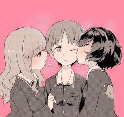 Rule 34 | 10s, 3girls, absurdres, alternate hair length, alternate hairstyle, anglerfish, aomushi (mushamusha), blunt bangs, breath, commentary request, emblem, fish, from side, girl sandwich, girls und panzer, grin, half-closed eyes, halftone, heart, heart-shaped pupils, highres, jacket, kiss, long hair, long sleeves, military, military uniform, multiple girls, nishizumi miho, one eye closed, ooarai military uniform, open mouth, partially colored, pink background, sandwiched, shirt, short hair, simple background, smile, symbol-shaped pupils, takebe saori, tearing up, uniform, upper body, very short hair, yuri