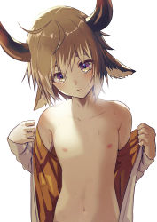 Rule 34 | 1boy, animal ears, arknights, bad id, bad pixiv id, bison (arknights), blush, brown hair, cow ears, head tilt, horns, looking at viewer, male focus, navel, nipples, purple eyes, simple background, solo, sweat, undressing, upper body, white background, yoruhachi