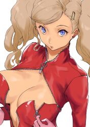 Rule 34 | 1girl, :o, blonde hair, blue eyes, breasts, cleavage, cleavage cutout, clothing cutout, hair ornament, highres, large breasts, persona, persona 5, solo, tagme, takamaki anne, twintails, unzipping, zipper, zipper pull tab
