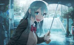 Rule 34 | 1girl, :d, blew andwhite, blouse, blush, brown cardigan, brown sweater, cardigan, commentary, green eyes, green hair, hair between eyes, highres, holding, holding umbrella, kantai collection, long hair, long sleeves, neck ribbon, open mouth, rain, red ribbon, ribbon, shirt, sign, smile, solo, suzuya (kancolle), suzuya kai ni (kancolle), sweater, umbrella, upper body, white shirt