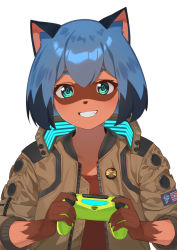Rule 34 | 1girl, :d, animal ear fluff, animal ears, animal nose, badge, blue hair, bob cut, brand new animal, brown jacket, brown shirt, button badge, claws, commentary, controller, cosplay, cyberpunk (series), cyberpunk 2077, dark-skinned female, dark skin, female focus, furry, furry female, game console, game controller, glowing, green eyes, grin, hair between eyes, highres, holding, holding controller, holding game controller, imori (lizzy), jacket, kagemori michiru, looking at viewer, multicolored hair, open mouth, patch, playstation 4, raccoon ears, raccoon girl, shirt, short hair, smile, solo, symbol-only commentary, teeth, thick eyebrows, two-tone hair, unzipped, upper body, v (cyberpunk), v (cyberpunk 2077), v (cyberpunk 2077) (cosplay)
