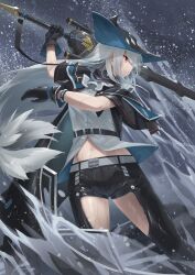 Rule 34 | 1girl, absurdres, arknights, arm up, ascot, belt, black capelet, black cloak, black gloves, black hat, black pants, breasts, capelet, cloak, closed mouth, clothing cutout, commentary, cowboy shot, expressionless, eyes visible through hair, furukura m, gloves, grey ascot, grey hair, grey sky, hat, highres, holding, holding sword, holding weapon, infection monitor (arknights), long hair, medium breasts, midriff, navel, ocean, outdoors, pants, profile, red eyes, shirt, skadi (arknights), sky, solo, splashing, standing, sword, thigh cutout, thighs, very long hair, wading, weapon, wet, white belt, white shirt