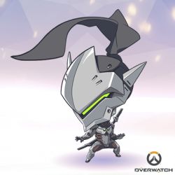 Rule 34 | 1boy, artist request, chibi, copyright name, full body, genji (overwatch), katana, lowres, male focus, official art, overwatch, overwatch 1, solo, sword, weapon