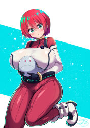 1girl :o amate_yuzuriha blue_background blush bodysuit boots breasts c.r. green_eyes gundam gundam_gquuuuuux hair_between_eyes haro head_tilt highres large_breasts looking_at_viewer red_bodysuit red_hair short_hair simple_background standing standing_on_one_leg two-tone_bodysuit white_background white_bodysuit white_footwear