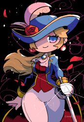 Rule 34 | 1girl, absurdres, aristocratic clothes, ascot, black background, blonde hair, blue eyes, blue hat, blue jacket, blush stickers, commentary, earrings, flower, gloves, gold trim, hat, hat feather, hat flower, highres, holding, holding sword, holding weapon, jacket, jewelry, long hair, looking at viewer, mario (series), nintendo, one eye covered, pants, petals, ponytail, princess peach, princess peach: showtime!, rapier, rariatto (ganguri), red flower, red rose, red vest, rose, rose petals, smile, solo, sphere earrings, sword, swordfighter peach, symbol-only commentary, thick thighs, thighs, twitter username, vest, weapon, white ascot, white gloves, white pants