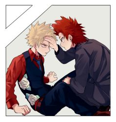 Rule 34 | 2boys, bakugou katsuki, black jacket, black pants, black vest, blonde hair, blue necktie, boku no hero academia, border, cai (caiirocai), collared shirt, commentary request, eye contact, floral print, formal, grey background, hand on another&#039;s face, jacket, kirishima eijirou, long sleeves, looking at another, male focus, multiple boys, necktie, official alternate costume, open mouth, pants, red eyes, red hair, red shirt, rose print, shirt, short hair, simple background, sitting, spiked hair, suit, vest, white border