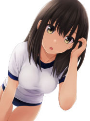 Rule 34 | 1girl, black hair, blue buruma, breasts, brown eyes, buruma, collarbone, commentary request, eyebrows hidden by hair, gym uniform, hair between eyes, hand up, leaning forward, looking at viewer, medium breasts, nonaka ritsu, open mouth, original, shirt, short sleeves, simple background, solo, standing, thigh gap, white background, white shirt