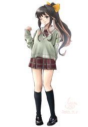 Rule 34 | 1girl, ;d, alternate costume, black footwear, black hair, black socks, bow, dated, green sweater, hair bow, kantai collection, kneehighs, ld (luna dial398), loafers, long hair, multicolored hair, naganami (kancolle), one eye closed, open mouth, pink hair, plaid, plaid skirt, ponytail, red skirt, school uniform, shoes, signature, simple background, skirt, smile, socks, solo, sweater, two-tone hair, white background, yellow bow
