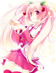 Rule 34 | 1girl, cherry, cupping hands, food, fruit, gradient background, hatsune miku, long hair, looking at viewer, necktie, own hands together, petals, pink hair, red eyes, red thighhighs, sakura miku, shirogane rio (artist), smile, solo, thighhighs, twintails, vocaloid, zettai ryouiki