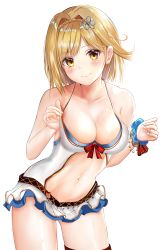 Rule 34 | 1girl, bare arms, bare shoulders, blonde hair, blue scrunchie, blush, bow, breasts, brown eyes, casual one-piece swimsuit, cleavage, closed mouth, collarbone, commentary request, djeeta (granblue fantasy), djeeta (summer) (granblue fantasy), efuri (riarea00), fingernails, granblue fantasy, hair intakes, hair ornament, hands up, head tilt, highres, long hair, looking at viewer, medium breasts, navel, one-piece swimsuit, red bow, scrunchie, simple background, smile, solo, stomach, swimsuit, white background, white one-piece swimsuit, wrist scrunchie