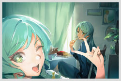 Rule 34 | 2girls, ;d, absurdres, aqua hair, bang dream!, blue pajamas, border, bow, braid, bravo233, chair, commentary, crossed legs, curtains, drawing (object), eating, fingernails, food, french fries, green eyes, grey border, hair between eyes, hair bow, hand up, highres, hikawa hina, hikawa sayo, holding, holding food, huge filesize, indoors, light blush, long hair, long sleeves, looking at another, looking at viewer, looking to the side, medium hair, multiple girls, on chair, one eye closed, open mouth, pajamas, picture frame, plant, potted plant, selfie, siblings, side braid, sisters, sitting, smile, sunlight, swept bangs, table, teeth, twins, upper teeth only, v, yellow bow