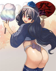 Rule 34 | ass, blue hair, cotton candy, dress, from behind, fundoshi, hat, highres, iizunamaru megumu, japanese clothes, long hair, looking at viewer, looking back, red eyes, ribbon trim, sweat, syope, tagme, thighhighs, tokin hat, touhou