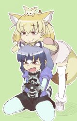 Rule 34 | 10s, 2girls, animal ears, blonde hair, blue hair, bow, bowtie, chin rest, common raccoon (kemono friends), elbow gloves, fang, fennec (kemono friends), fennec fox, fox ears, fox tail, fur collar, fur trim, gloves, grey hair, head on head, head rest, kemono friends, kneeling, multicolored hair, multiple girls, open mouth, pantyhose, puffy short sleeves, puffy sleeves, raccoon, raccoon ears, raccoon tail, short hair, short sleeves, skirt, smile, smug, sweater, tail, thighhighs, user gxpv2747, v-shaped eyebrows