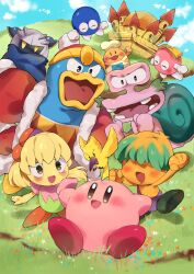 Rule 34 | :d, ^ ^, apron, armor, arms up, bird, blonde hair, blue cape, blue flower, blue sky, blush, bow, brother and sister, brown eyes, bun (kirby), cape, castle, chef hat, chef kawasaki, clenched hands, cliff, closed eyes, cloud, commentary request, day, escargon, flower, fumu (kirby), fur-trimmed jacket, fur trim, grass, green hair, hair over eyes, hat, highres, jacket, kawao9, king dedede, kirby, kirby: right back at ya, kirby (series), lalala (kirby), lololo (kirby), long hair, looking at another, mask, meta knight, nintendo, on grass, open clothes, open jacket, open mouth, orange flower, outdoors, pauldrons, ponytail, red headwear, red jacket, short hair, shoulder armor, siblings, sitting, sky, smile, teeth, tokkori (kirby), v-shaped eyebrows, white apron, white flower, white headwear, yellow bow, yellow eyes